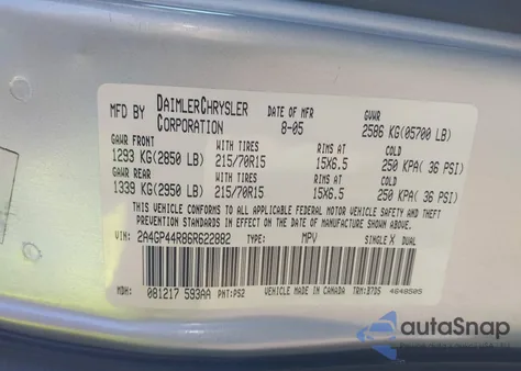 2006 Chrysler Town & Country Lx z USA, uszkodzony, nr VIN 2A4GP44R86R622882